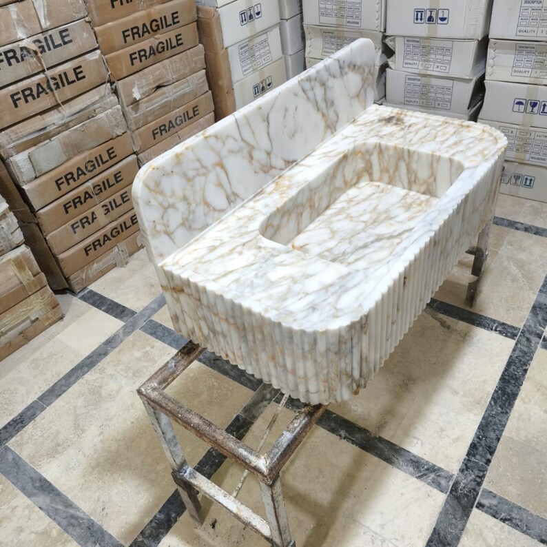 Calacatta Gold Marble Sink, Floating Sink With Backsplash, Marble Sink