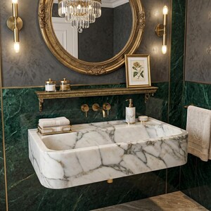 Calacatta Monet Marble Wall Sink Hand Carved Rectangular Vanity Basin