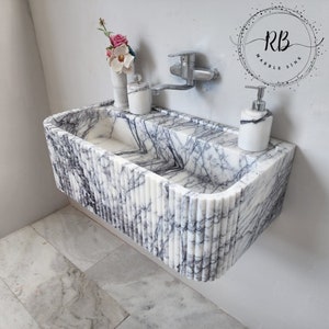 Lilac Marble Sink Hand Carved Round Corner Sink Ribbed Edges
Wall Mounted Bathroom Sink Natural Marble Farmhouse Sink