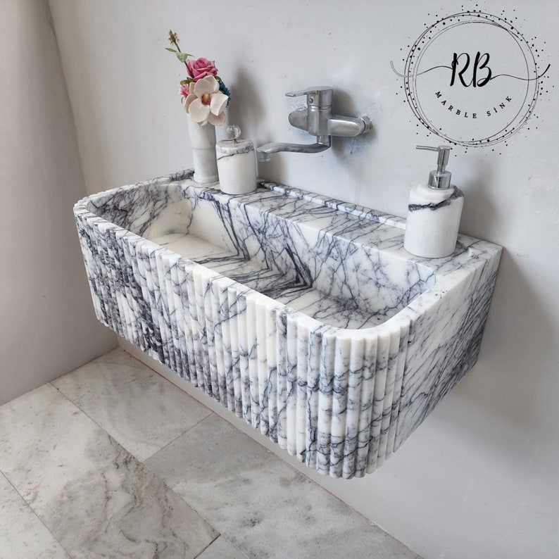 Lilac Marble Sink Hand Carved Round Corner Sink Ribbed Edges
Wall Mounted Bathroom Sink Natural Marble Farmhouse Sink