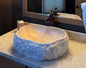 Lavabo-vasque en travertin : Lavabo de salle de bain de ferme rustique, pierre fabriquée à la main