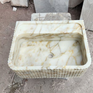 Calacatta Gold Marble Sink Natural Stone Front Ribbed Sink
Wall Mount Stone Vessel Sink Rectangular Vanity Sink Small Bathroom Sink
