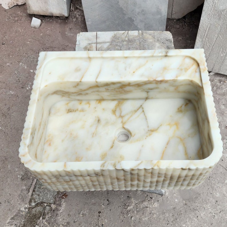 Calacatta Gold Marble Sink Natural Stone Front Ribbed Sink
Wall Mount Stone Vessel Sink Rectangular Vanity Sink Small Bathroom Sink