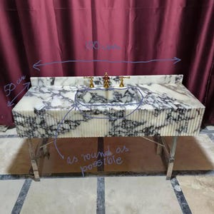Hand-Carved Viola Marble Sink: Calacatta Grooved Vanity with Backsplash