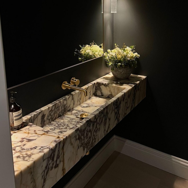 Calacatta Viola Marble Sink Wall Mounted Vanity Sink Bathroom Stone Sink Marble Vessel Sink Powder Room Sink Custom Marble Single Sink