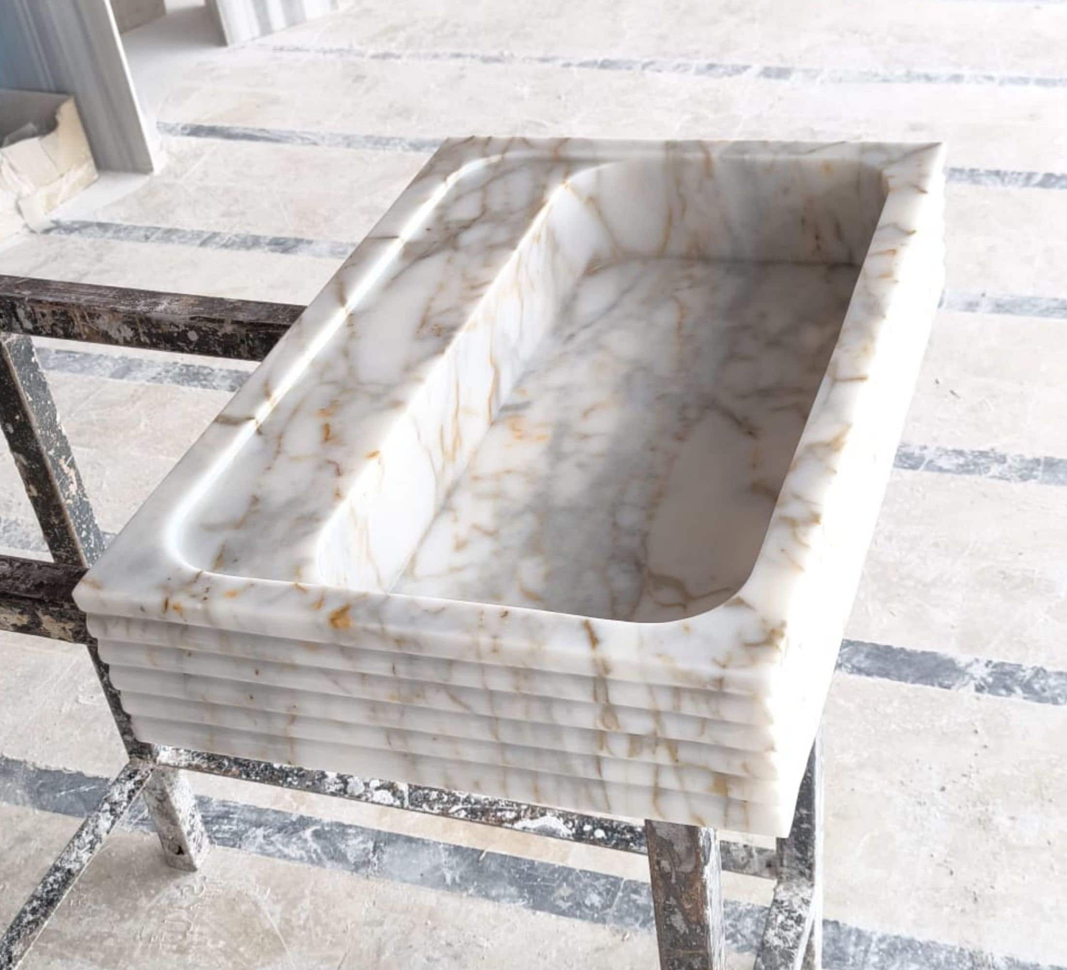 Calacatta Gold Marble Wall Mount Sink Ribbed Rectangle 16x24 Polished ...