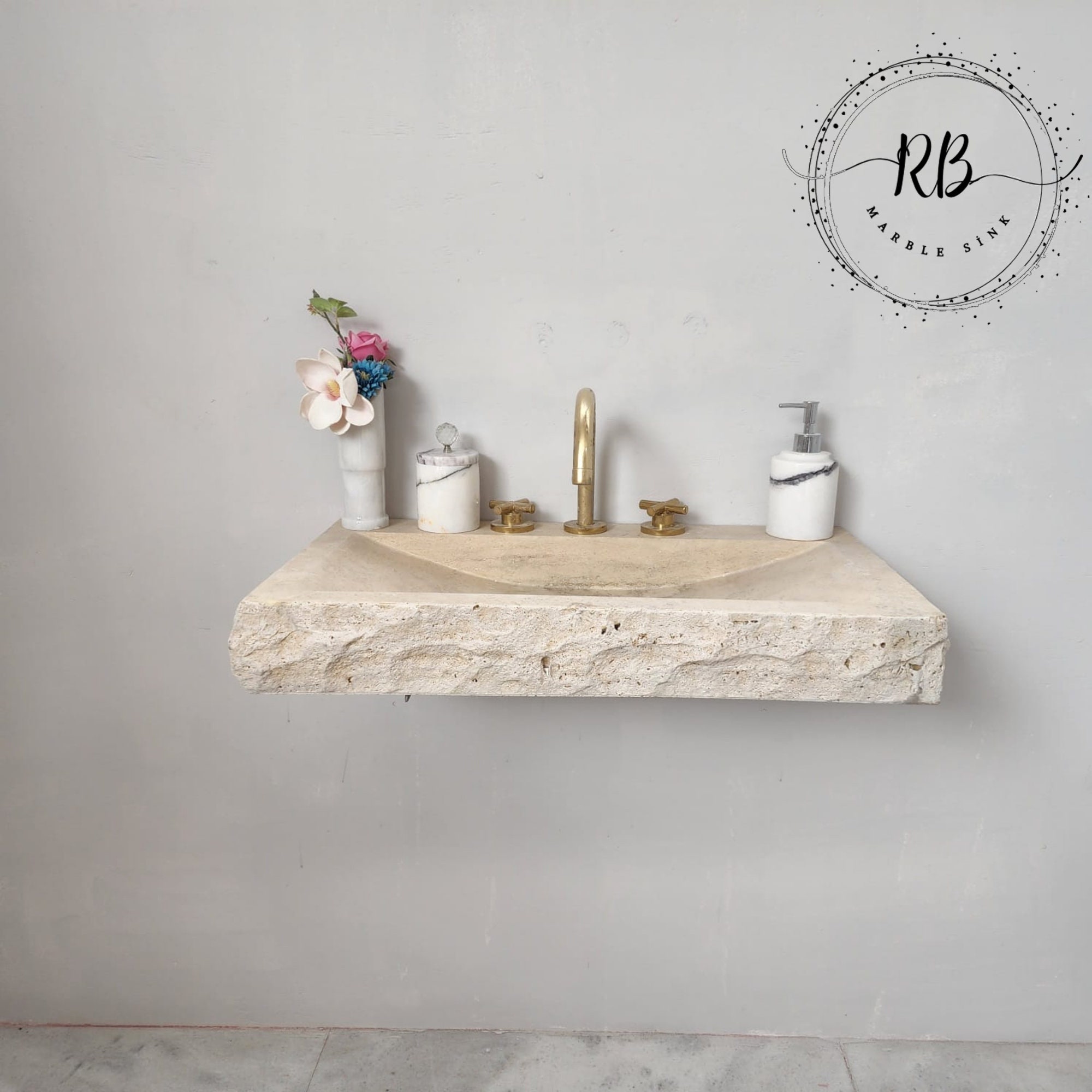Travertine Marble Sink, Wall Mounted Stone Sink, Hand Carved Sink