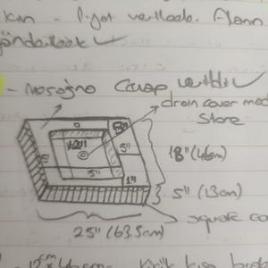 May include: Hand-drawn sketch of a square container with measurements in inches. The container has a rectangular interior with labeled sections. Dimensions include 25" (63.5cm) wide, 18" (46cm) high, and 3.5" (13cm) deep.