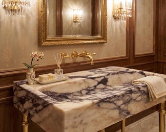 Lavabo da bagno in marmo Calacatta Viola: mobiletto a parete