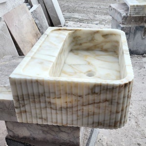 Calacatta Gold Marble Sink Natural Stone Front Ribbed Sink
Wall Mount Stone Vessel Sink Rectangular Vanity Sink Small Bathroom Sink