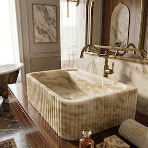 Calacatta Gold Marble Sink: Ribbed Natural Stone Vessel image 1