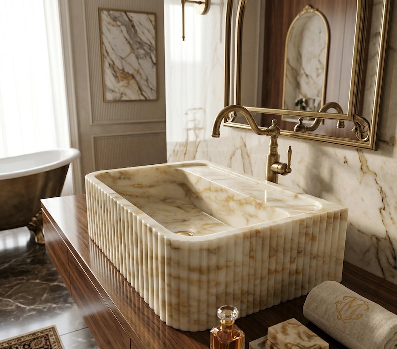 Calacatta Gold Marble Sink: Ribbed Natural Stone Vessel image 1