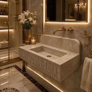 May include: A luxurious bathroom featuring a stone sink with a gold faucet and accents. A gold-framed mirror and a vase of white flowers add elegance. The room has a marble floor and a glass shower enclosure.