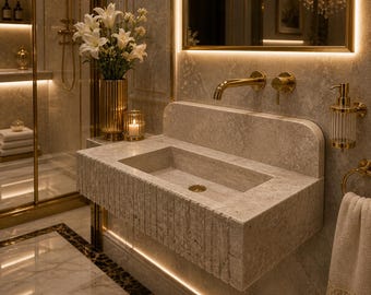 Travertine Bathroom Sink with Backsplash Rectangular Stone Countertop Basin
