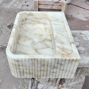 Calacatta Gold Marble Sink Natural Stone Front Ribbed Sink
Wall Mount Stone Vessel Sink Rectangular Vanity Sink Small Bathroom Sink