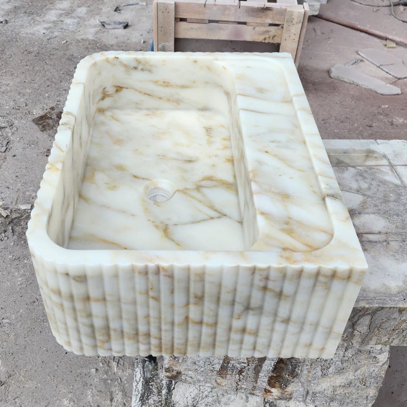Calacatta Gold Marble Sink Natural Stone Front Ribbed Sink
Wall Mount Stone Vessel Sink Rectangular Vanity Sink Small Bathroom Sink