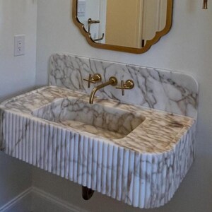 Calacatta Gold Marble Floating Sink with Backsplash - Honed Finish image 8