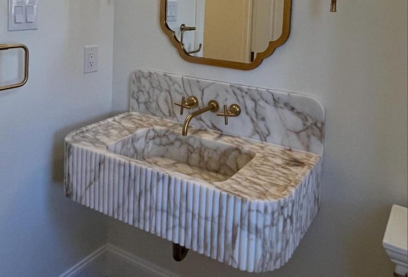 Calacatta Gold Marble Floating Sink with Backsplash - Honed Finish image 8
