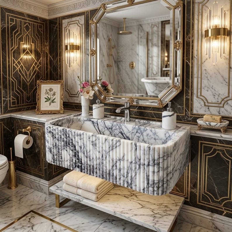 May include: A wall-mounted rectangular bathroom sink featuring a fluted white marble exterior with grey veining. The sink is positioned above a matching marble shelf holding folded beige towels, set against dark marble walls with gold trim.