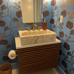 Hand Carved Calacatta Gold Marble Sink: Wall Mounted Stone Vessel