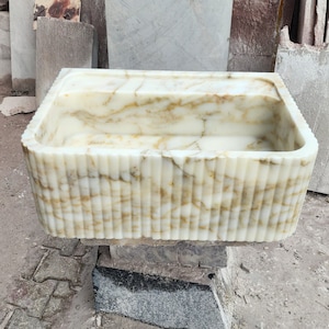 Calacatta Gold Marble Sink Natural Stone Front Ribbed Sink
Wall Mount Stone Vessel Sink Rectangular Vanity Sink Small Bathroom Sink