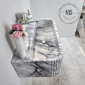 Lilac Marble Sink Hand Carved Round Corner Sink Ribbed Edges
Wall Mounted Bathroom Sink Natural Marble Farmhouse Sink