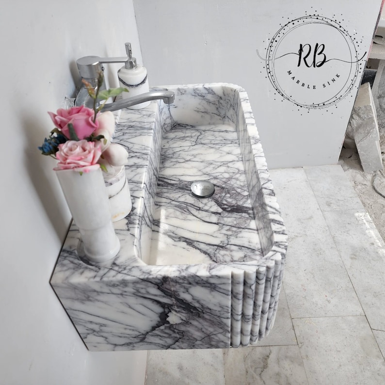 Lilac Marble Sink Hand Carved Round Corner Sink Ribbed Edges
Wall Mounted Bathroom Sink Natural Marble Farmhouse Sink