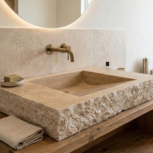 Handmade Rustic Travertine Sink: Natural Stone Vanity, Textured Edge