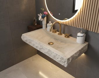 Split Face Travertine Sink: Rustic Wall Mounted Bathroom Sink