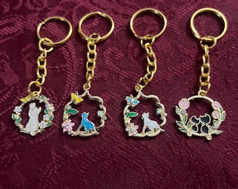 Cat and Butterfly Keychain | Cute Floral Cat Charm Keyring | Whimsical Kitty Keychain Gift