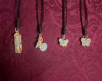 Adjustable Cord Necklace | Jade-Inspired Butterfly, Money Bag & Bamboo Pendant | Lucky Charm Jewelry
