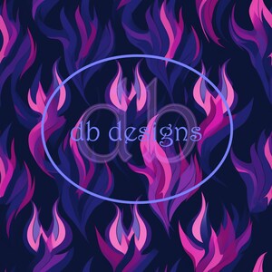 May include: A seamless pattern featuring abstract flames in shades of pink and purple on a dark blue background. The text "db designs" is superimposed on the pattern in a light blue circle.