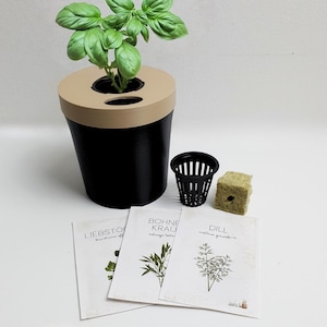 Peut inclure: Un pot de culture hydroponique noir et beige avec un plant de basilic. Comprend un pot en filet noir, un petit cube et trois sachets de graines étiquetés "LIEBSTÖCKEL", "BOHNE KRAUT" et "DILL".
