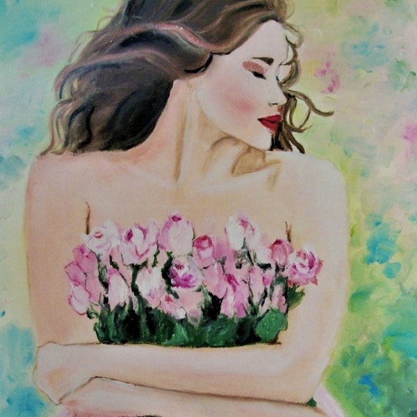 Fille au bouquet de roses peinture figurative originale huile de femme aux fleurs