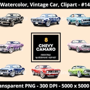 Vintage Car Acuarela Clipart, Coche Clásico, Chevy Camaro, Fondo Transparente PNG, Descarga Digital Instantánea, #14