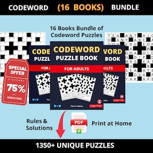 Könnte beinhalten: Ein Bündel von 16 Codewort-Rätselbüchern für Erwachsene. Der Umschlag jedes Buches zeigt ein schwarz-weißes Rätselgitter. Das Bündel beinhaltet ein Sonderangebot mit 75% Rabatt. Der Text "CODEWORD PUZZLE BOOK" ist auf dem Umschlag jedes Buches gedruckt. Der Text "FOR ADULTS" ist auf dem Umschlag des mittleren Buches gedruckt. Der Text "Zu Hause drucken" ist unter dem Bild der Bücher gedruckt. Der Text "1350+ UNIQUE PUZZLES" ist unten im Bild gedruckt.