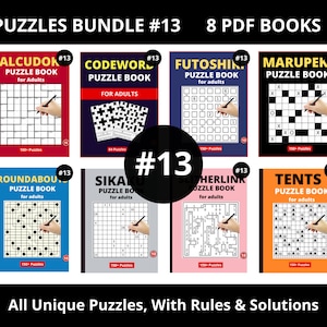 Puede incluir: Un paquete de ocho libros de rompecabezas en PDF para adultos, cada uno con un tipo de rompecabezas diferente. Los libros presentan portadas coloridas con títulos como Calcudoku, Codeword, Futoshiki y Tents. El texto dice "All Unique Puzzles, With Rules & Solutions."