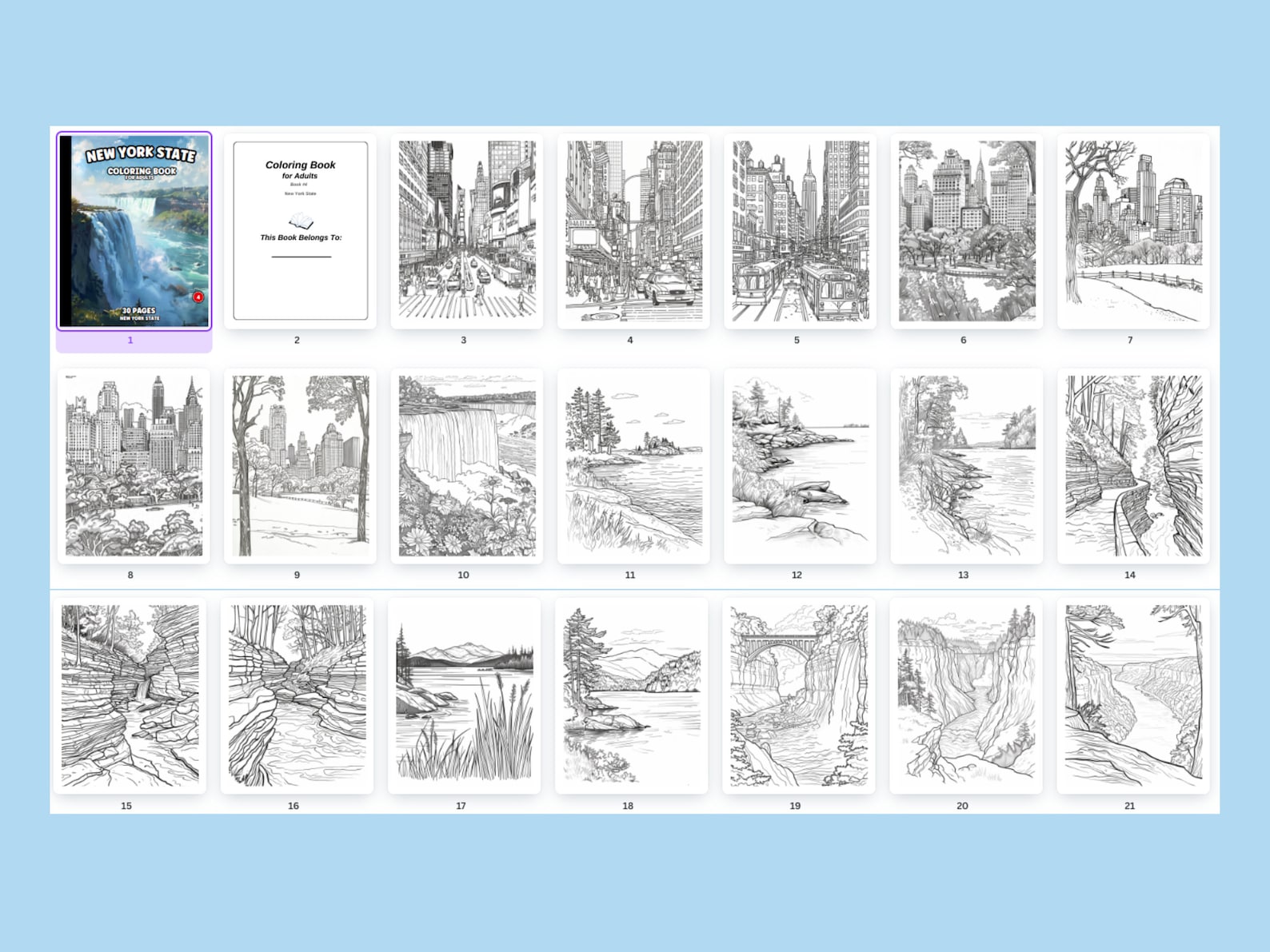 New York State Coloring Book for Adults, Niagara Falls, Watkins Glen ...