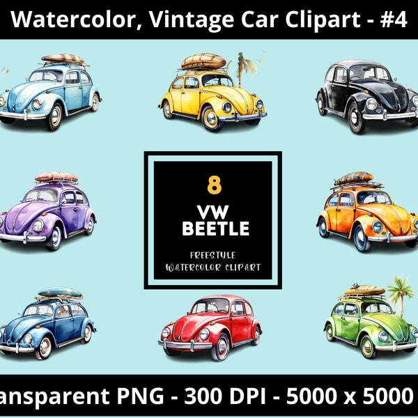 Vintage Car Watercolor Clipart, Classic Car, VW Beetle, PNG Transparent Background, Instant Digital Download, #4