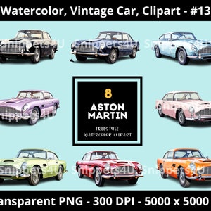 May include: Eight watercolour illustrations of vintage Aston Martin cars in various colours, including black, blue, purple, pink, green, and orange. The illustrations are set against a light blue background with the text "8 ASTON MARTIN FREESTYLE WATERCOLOUR CLIPART" in a black box.