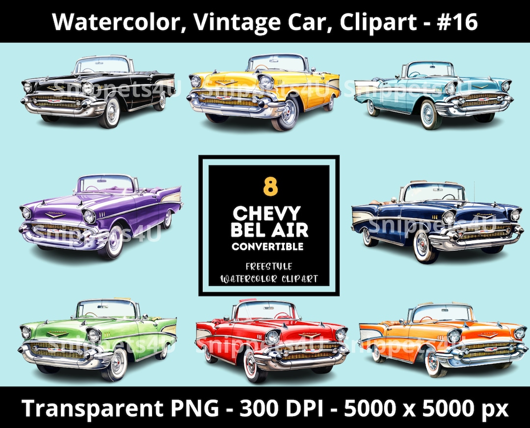 Vintage Car Watercolor Clipart, Classic Car, Chevy Bel Air Convertible ...