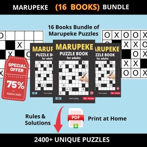 Könnte beinhalten: Ein Bündel von 16 Marupeke-Puzzlebüchern für Erwachsene. Jeder Buchumschlag zeigt ein schwarz-weißes Gitter mit Kreisen und Xs. Das Bündel beinhaltet ein Sonderangebot mit 75% Rabatt, gültig bis März 2025. Der Text "2400+ EINZIGARTIGE PUZZLES" befindet sich am unteren Rand des Bildes.