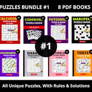 Puzzles Bundle #1, 8 Unique PDF Printable Puzzle Books, Calcudoku, Codewords, Futoshiki, Marupeke, Roundabouts, Sikaku, Slitherlink, Tents