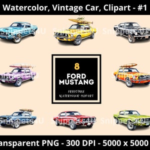 Vintage Car Acuarela Clipart, Coche Clásico, Ford Mustang, Fondo Transparente PNG, Descarga Digital Instantánea, , #1