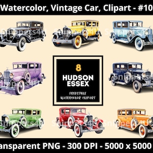 Vintage Car Watercolor Clipart, Classic Car, Hudson Essex, PNG Transparent Background, Instant Digital Download,, #10