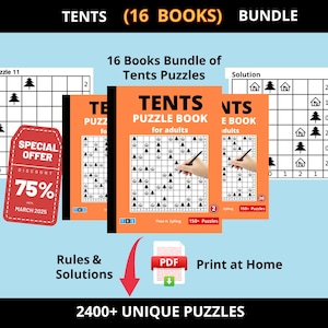 May include: A bundle of 16 puzzle books featuring tent puzzles for adults. The cover of the book is orange with the words "Tents Puzzle Book for adults" in black text. The book includes 150+ puzzles and is printable at home.  The image also includes a special offer for 75% off in March 2025.