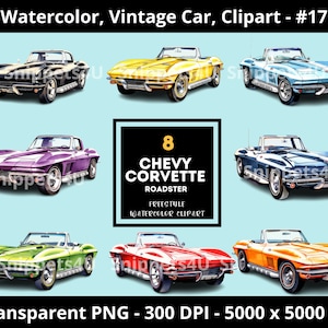 Vintage Car Watercolor Clipart, Classic Car, Chevy Corvette Roadster, PNG Transparent BG, Instant Digital Download, #17
