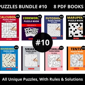 Può includere: Una collezione di otto libri di puzzle, ognuno con un tipo diverso di puzzle, tra cui Sudoku, Kakuro e altro ancora. I libri sono tutti intitolati con il nome del puzzle e il numero 10. I libri sono tutti per adulti.
