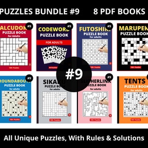 Può includere: Una collezione di otto libri di puzzle, ognuno con un tipo diverso di puzzle, tra cui CalcuDok, Codewor, Futoshiki, Marupek, Roundabou, Sikaku, Slitherlink e Tents. Ogni libro presenta oltre 150 puzzle per adulti. I libri sono etichettati con il numero 9 e il titolo "PUZZLES BUNDLE #9 8 PDF BOOKS".