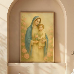 Impresión artística de la Virgen María con el Niño Jesús, descarga digital de arte mural cristiano, póster católico de Madre e Hijo, decoración religiosa para el hogar